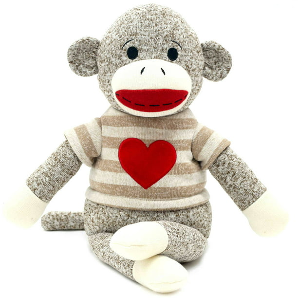 Fun Fun Toys Sock Monkey Striped Red Heart on Chest Brown White Plush Stuffed